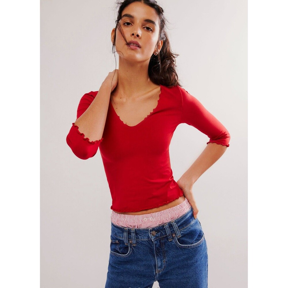 Free People Intimately FP Seamless V-Neck Lettuce Hem - Layering Top Red M/L